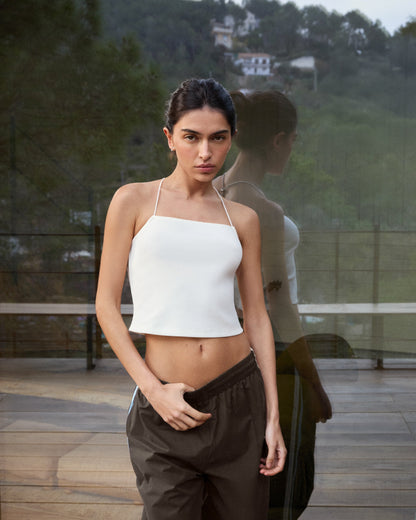 Toggle Back Rib Top - White