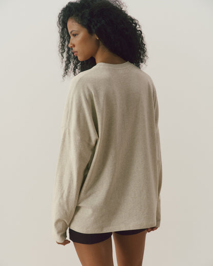 Varsity Long Sleeve Drop Shoulder T-shirt - Oat Melange/Coffee Bean