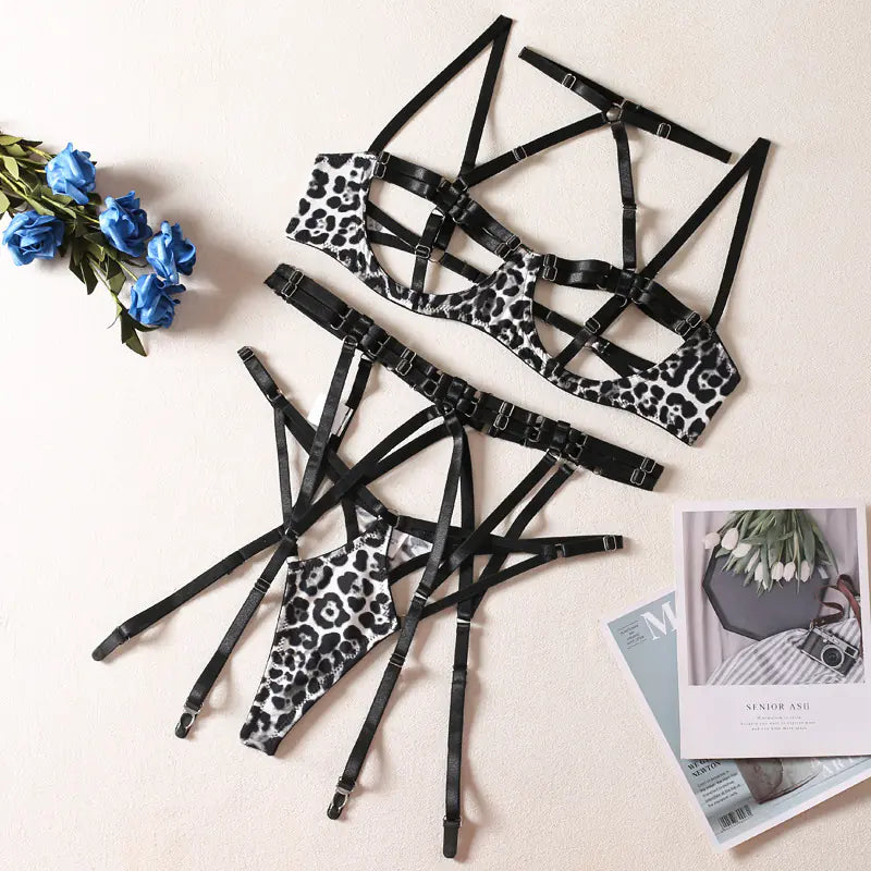 Fetish Lingerie Leopard Print Cutout Set with Stockings